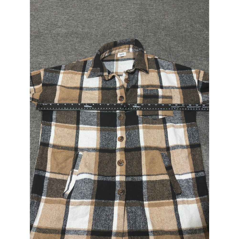 BKE Womens Small Shacket Brown Plaid Long Sleeve Button Up Flannel Shirt Jacket - Picture 3 of 7